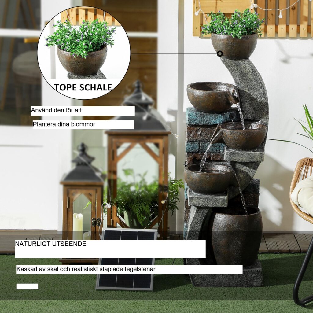 Solar Garden Fountain med 5 steg, LED-belysning, rustik design, väderbeständigt harts
