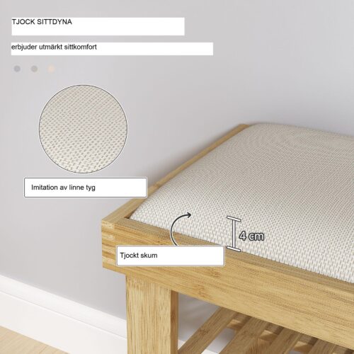 Skobänk i bambu med bekväm sittplats och förvaring – slitstarkt naturligt bambumaterial, håller upp till 150 kg