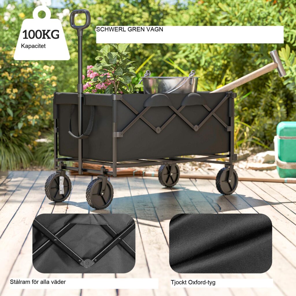 Garden Cart 160L hopfällbar med expanderbar baklucka för enkel transport - Slitstark stålram och terränghjul