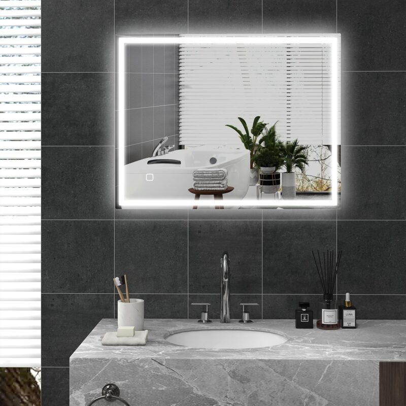 Badrumsspegel med belysning 90×70 cm LED Anti-Fog Touch Control Silver – Justerbar ljusstyrka och trefärgade lampor med minnesfunktion