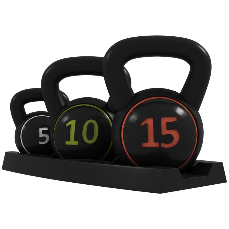 Mångsidigt 3-delat kettlebellset (2,2 kg, 4,5 kg, 6,8 kg) med platt bottenstabilitet, ergonomiskt handtag, skyddsjacka och förvaringsdyna för hållbar hemmaträning.