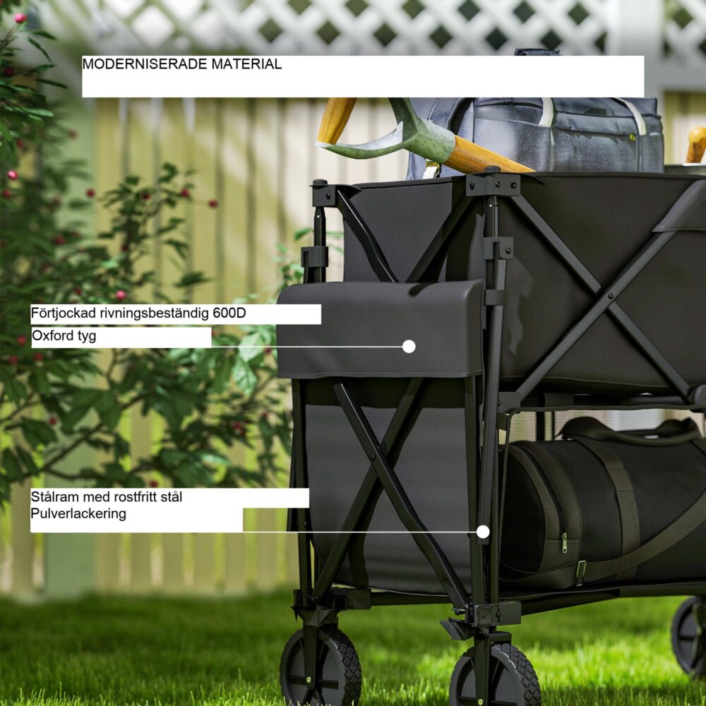 Trädgårdsvagn i dubbla nivåer för 200 kg last med avtagbar presenning, vikbar design och terränghjul