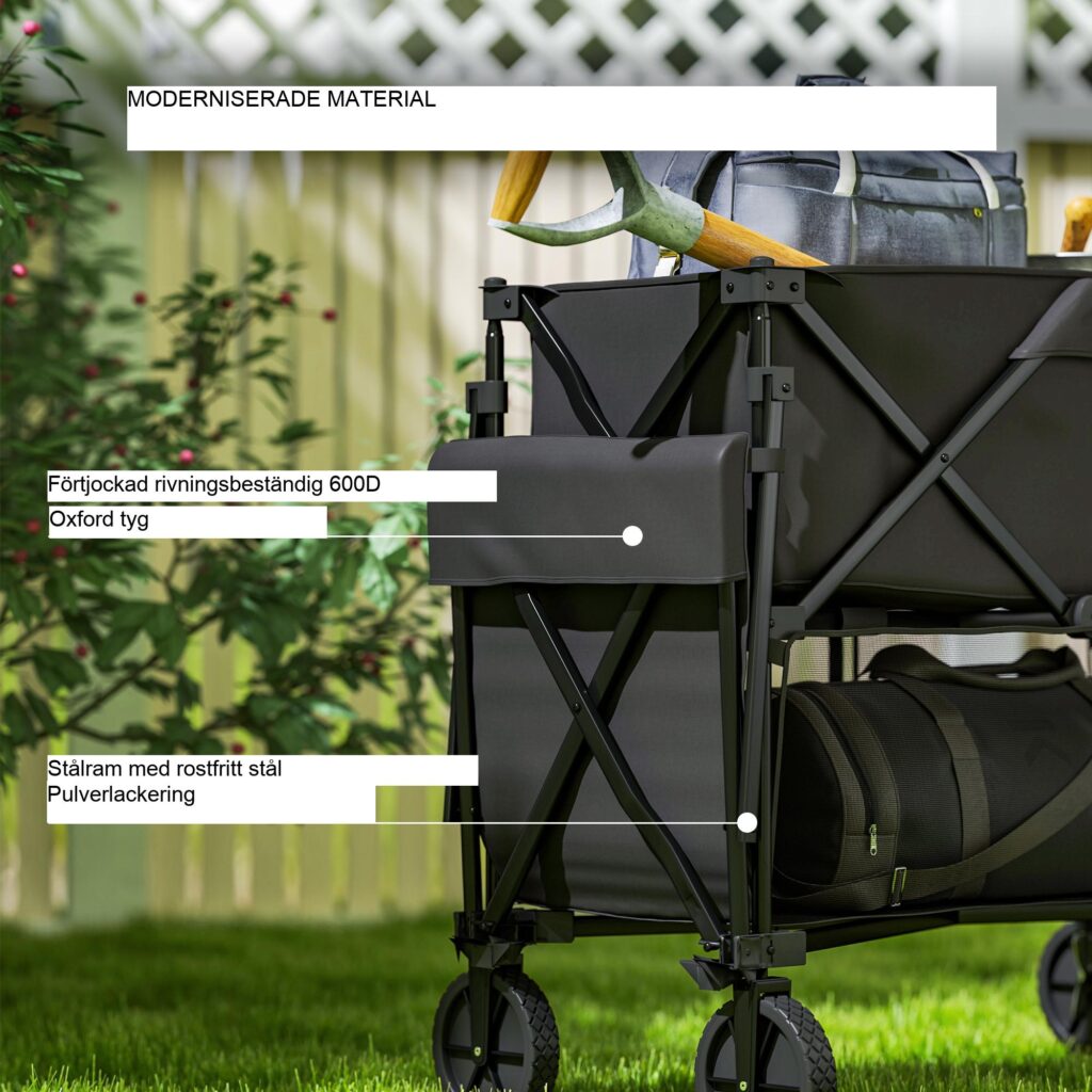 Trädgårdsvagn i dubbla nivåer för 200 kg last med avtagbar presenning, vikbar design och terränghjul