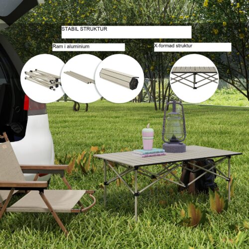 Hopfällbart campingbord med upprullningstopp och X-ram i aluminium – bärbart, hållbart trädgårdsbord för 2 personer, lätt att bära i medföljande väska | Khaki
