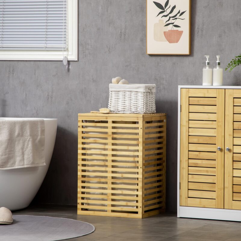 Tvättkorg i bambu för naturlig stil med avtagbar innerpåse | Robust konstruktion och enkel montering