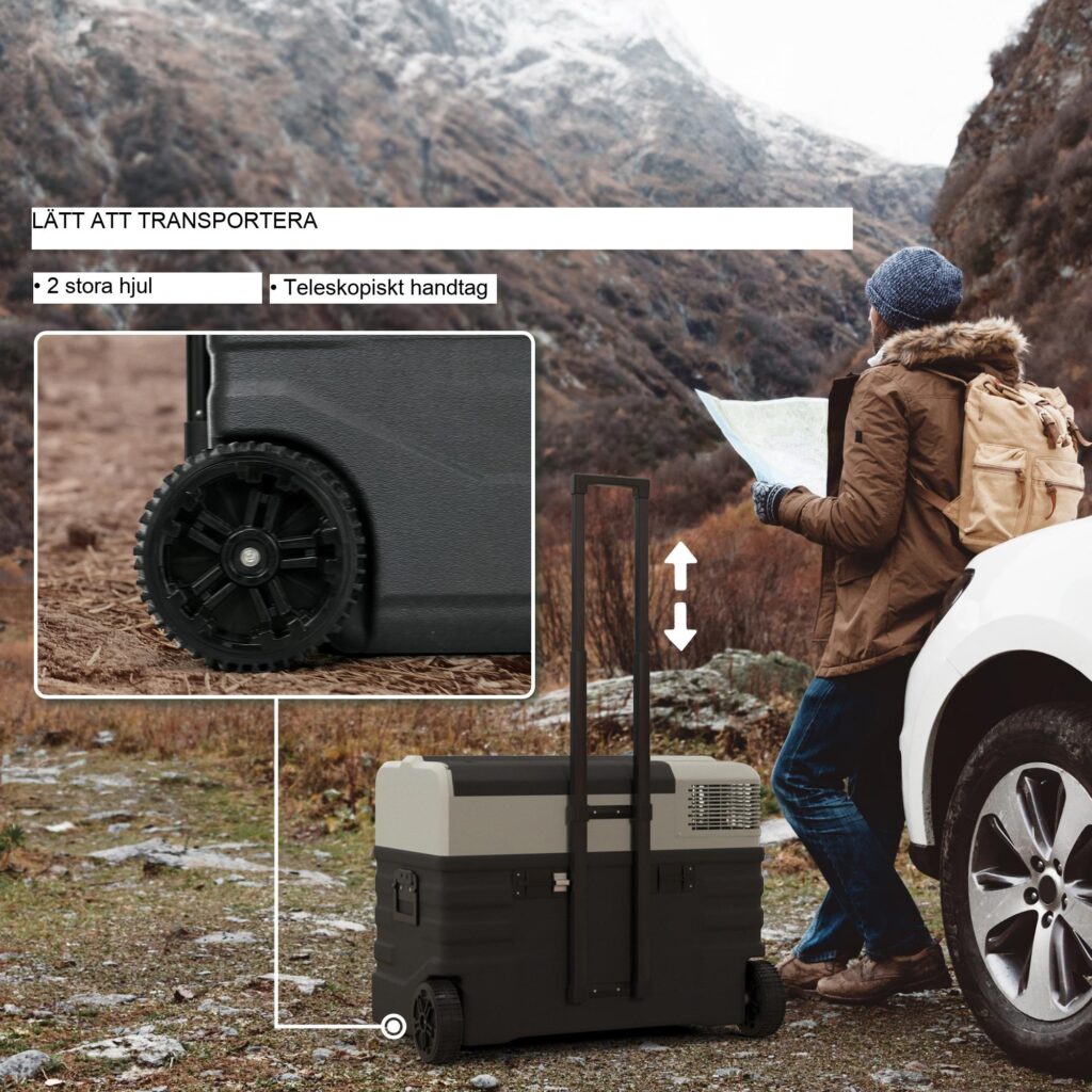 Portable Compressor Cooler 56L - mångsidig likström/växelström, Eco- och Max-lägen, 3-stegs batteriskydd, -20 °C kylning, hjul och teleskophandtag