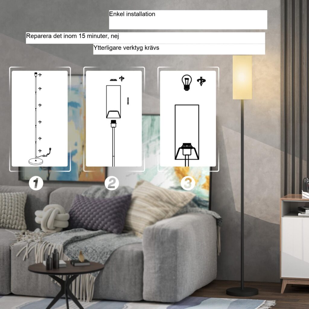 Golvlampa med tygskärm och E27-sockel, med bekväm fotpedal för enkel användning och snabb montering, kompatibel med olika glödlampor för mångsidig belysning