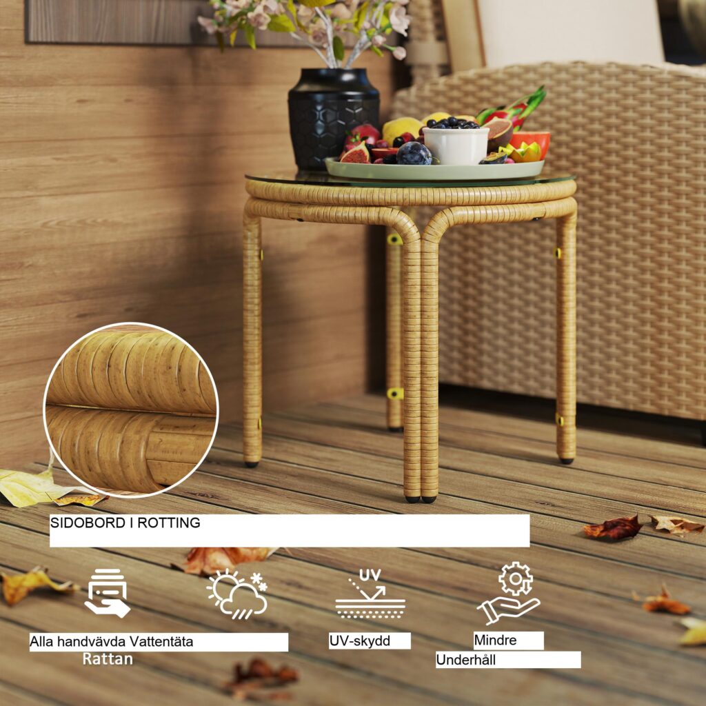 Sidobord i konstrotting med väderbeständig och UV-skyddad design, skiva i härdat glas och robust stålram för trädgård, uteplats eller balkong - gul, Ø50 cm