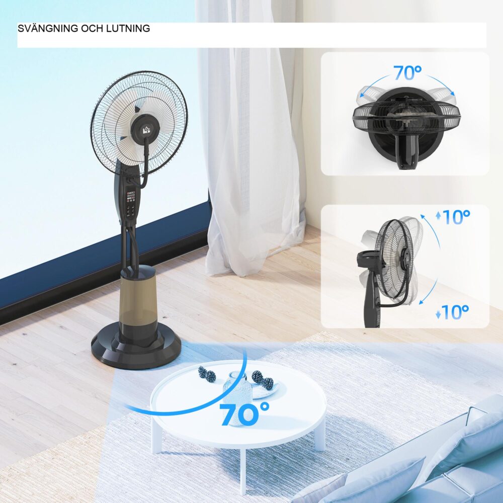 Avancerad ultraljudskylningspiedestalfläkt med dimma och oscillation, fjärrkontroll, 3,2L vattentank, timerfunktion, 70° vridbar, viloläge