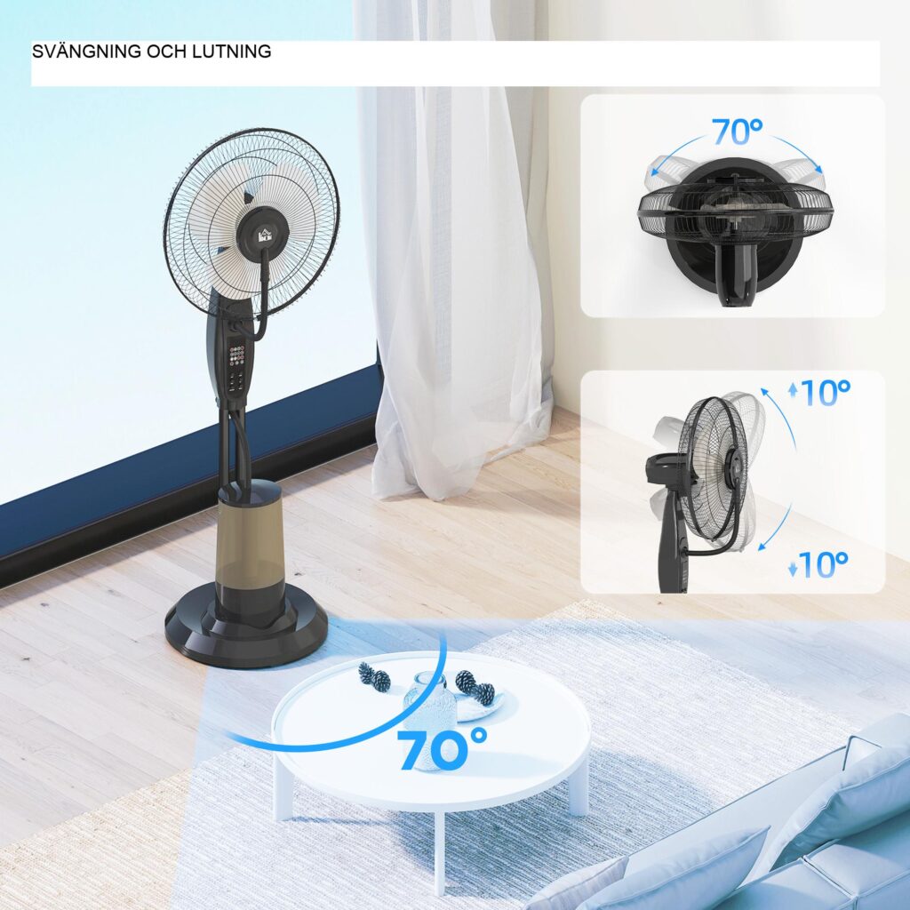Avancerad ultraljudskylningspiedestalfläkt med dimma och oscillation, fjärrkontroll, 3,2L vattentank, timerfunktion, 70° vridbar, viloläge
