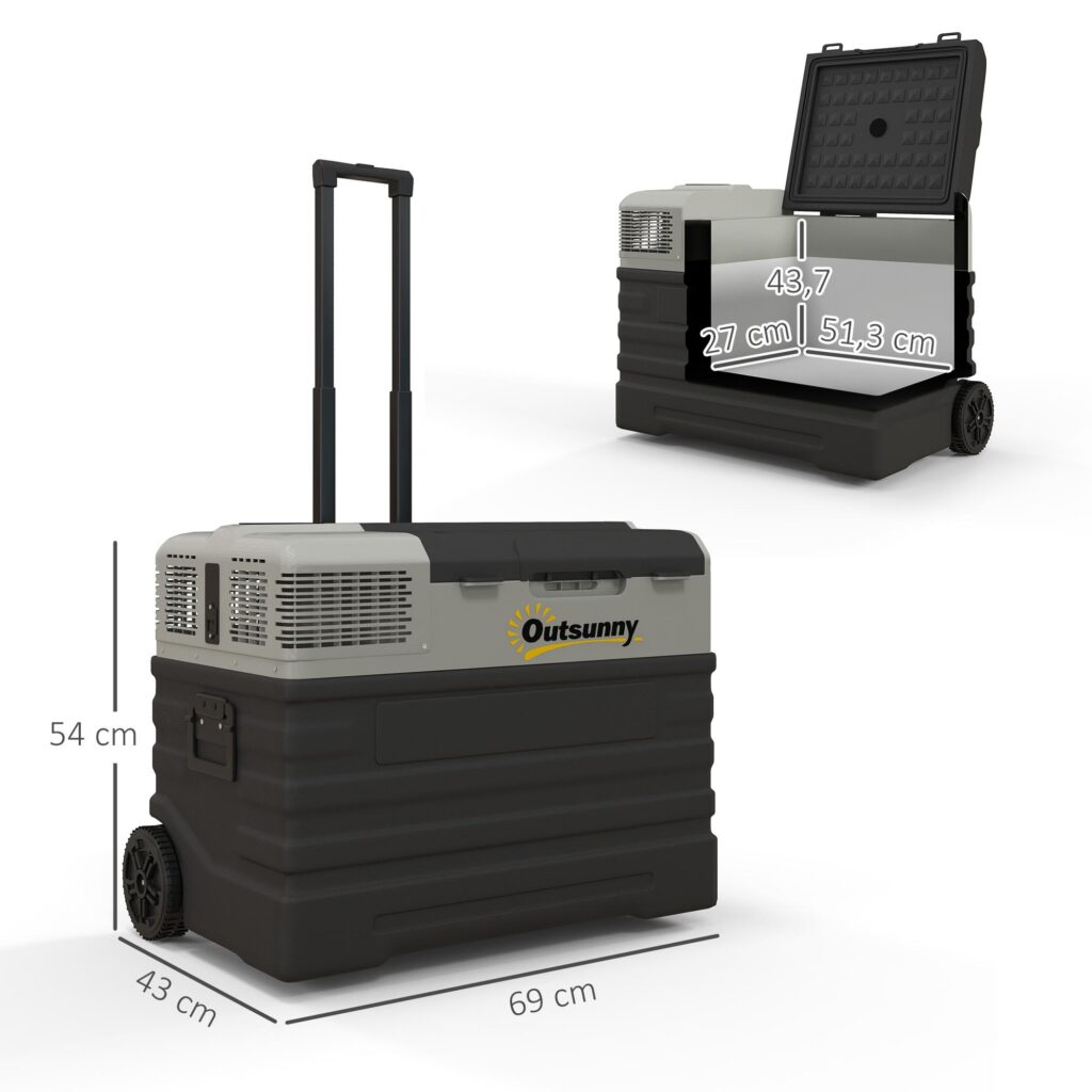 Portable Compressor Cooler 56L - mångsidig likström/växelström, Eco- och Max-lägen, 3-stegs batteriskydd, -20 °C kylning, hjul och teleskophandtag