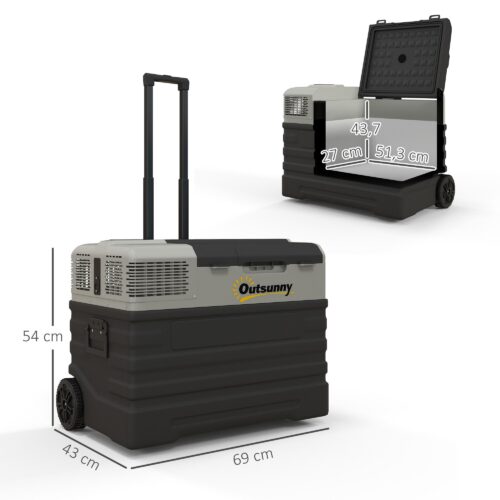 Portable Compressor Cooler 56L – mångsidig likström/växelström, Eco- och Max-lägen, 3-stegs batteriskydd, -20 °C kylning, hjul och teleskophandtag