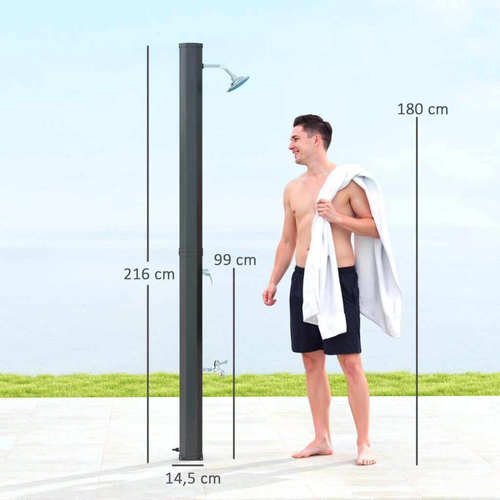 Solar Shower 35L - Uppvärmd upp till 55°C, 360-graders roterande duschhuvud med praktisk sidobricka för trädgård eller poolområde