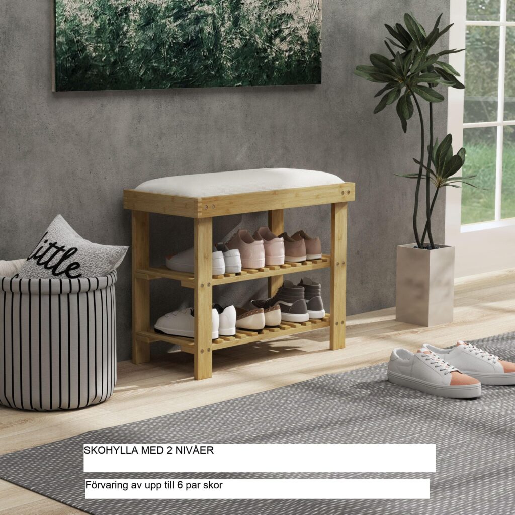 Skobänk i bambu med bekväm sittplats och förvaring - slitstarkt naturligt bambumaterial, håller upp till 150 kg