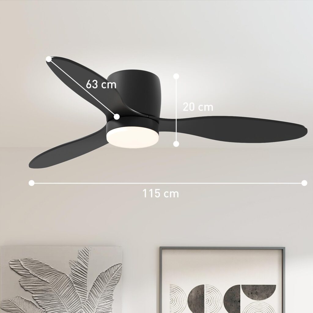 Takfläkt med belysning och fjärrkontroll | 115cm LED-lampa, reversibel likströmsmotor, 6 hastigheter, timer för sovrum