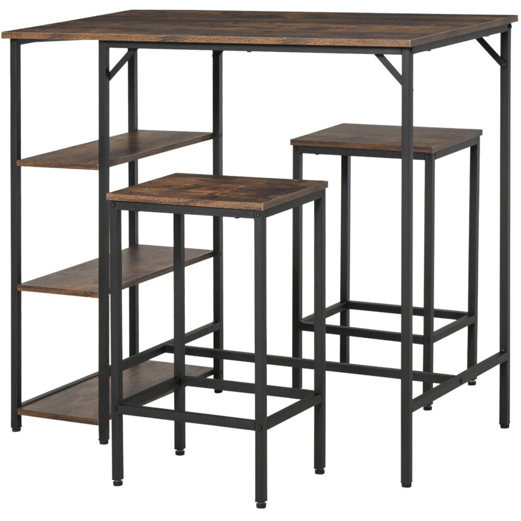 Barbordsset 3 delar med platsbesparande design, hylla och fotstöd i 3 nivåer, rustikt brunt/svart, spånskiva/stål