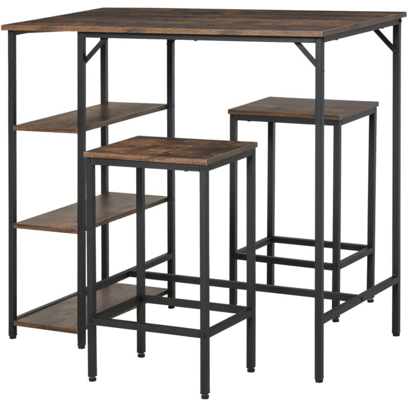 Barbordsset 3 delar med platsbesparande design, hylla och fotstöd i 3 nivåer, rustikt brunt/svart, spånskiva/stål
