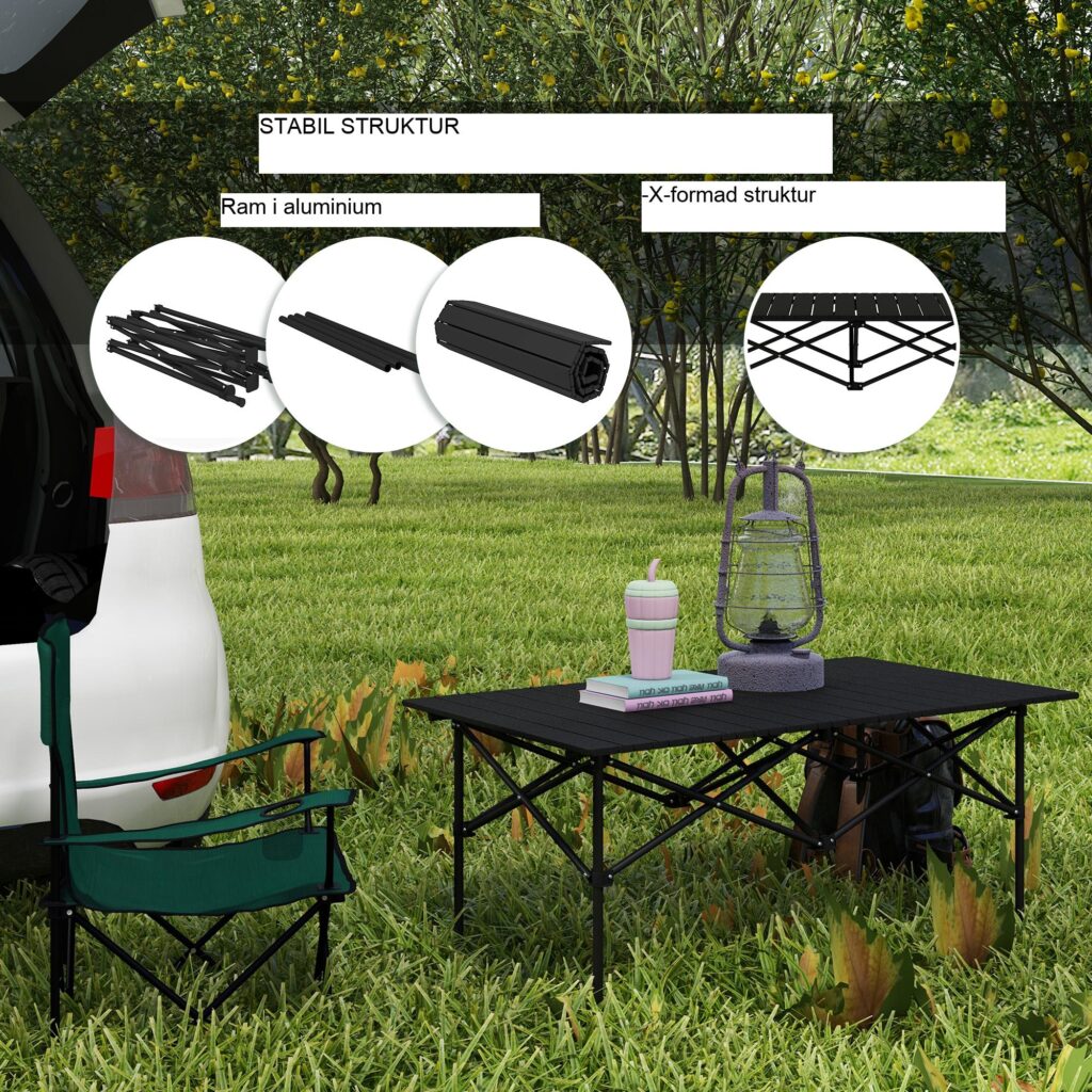Campingbord hopfällbart bord med upprullningsbar bordsskiva - lätt och bärbar aluminium X-Frame Design för utomhusäventyr