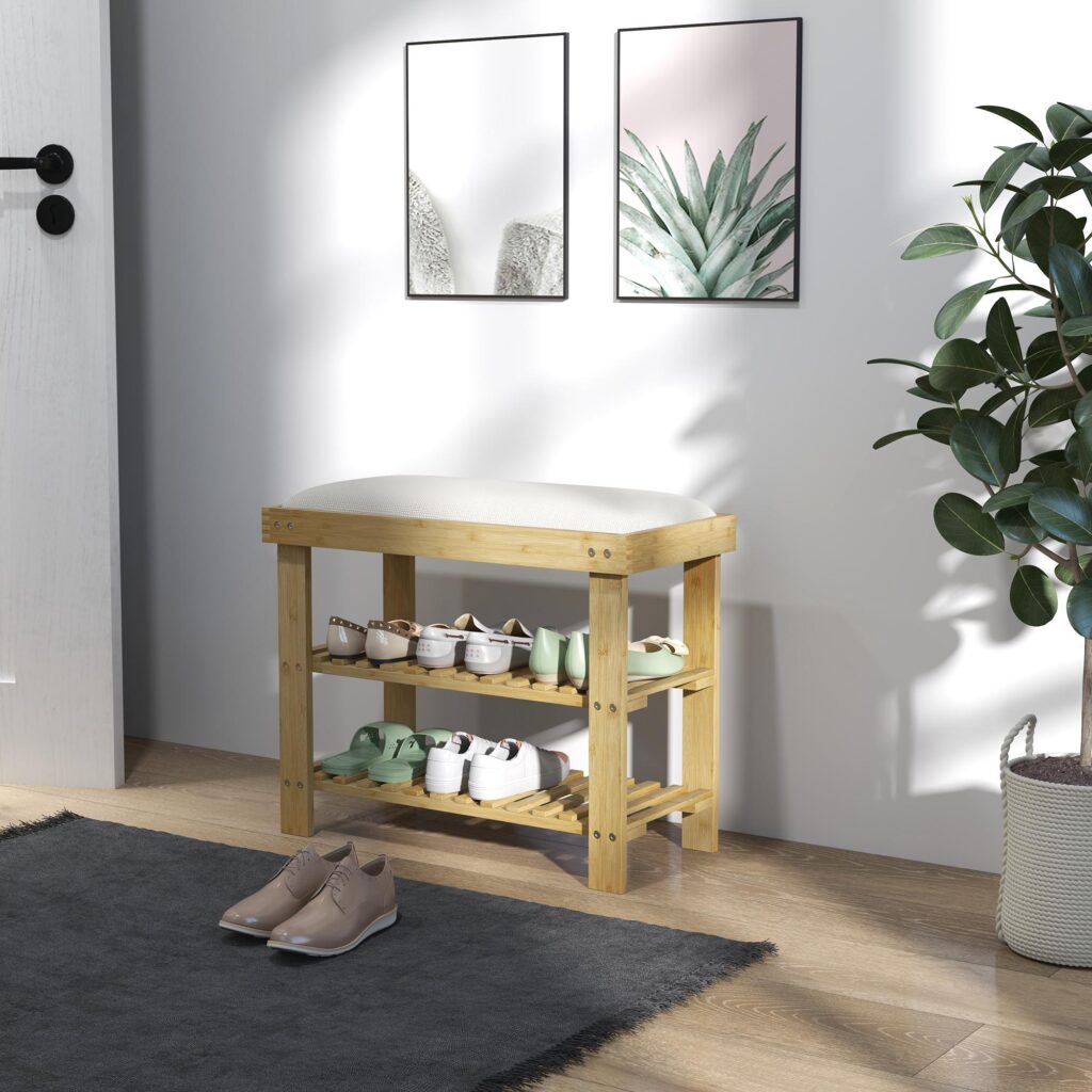 Skobänk i bambu med bekväm sittplats och förvaring - slitstarkt naturligt bambumaterial, håller upp till 150 kg