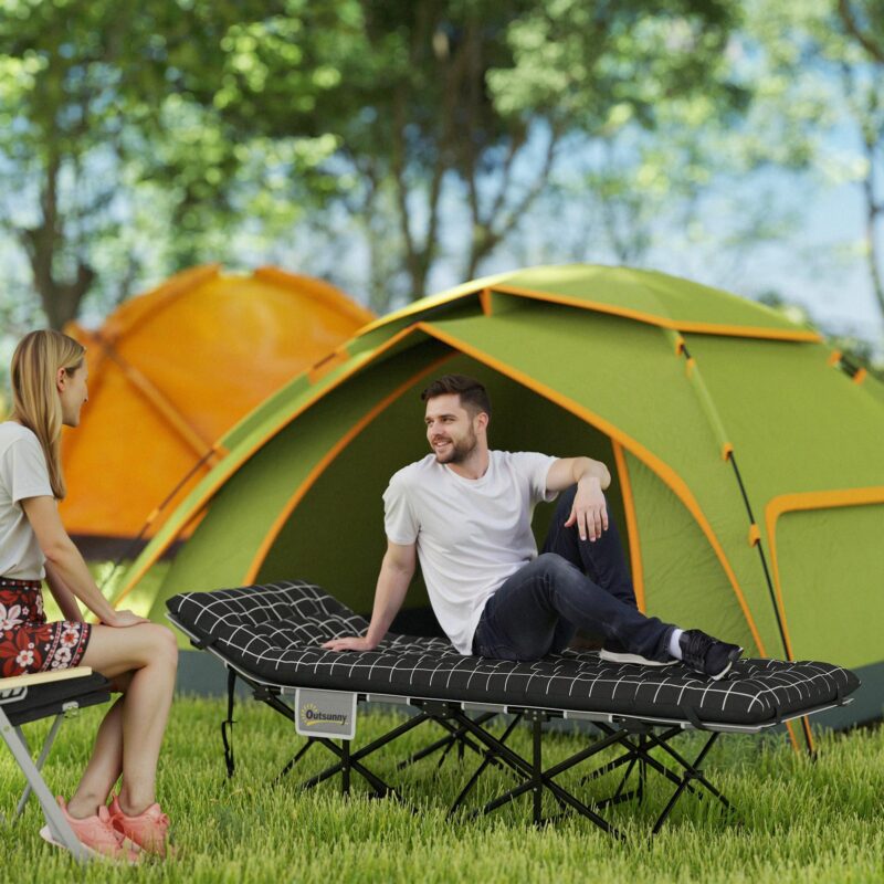 Hopfällbar campingsäng med mjuk 9 cm madrass, sidoficka och robust Oxford-tygkonstruktion för utomhusbruk