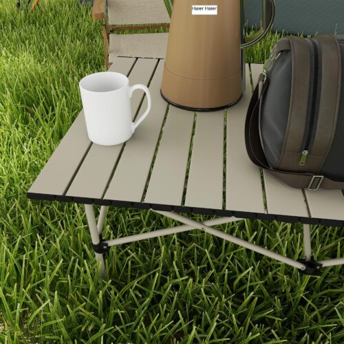 Hopfällbart campingbord med upprullningstopp och X-ram i aluminium – bärbart, hållbart trädgårdsbord för 2 personer, lätt att bära i medföljande väska | Khaki