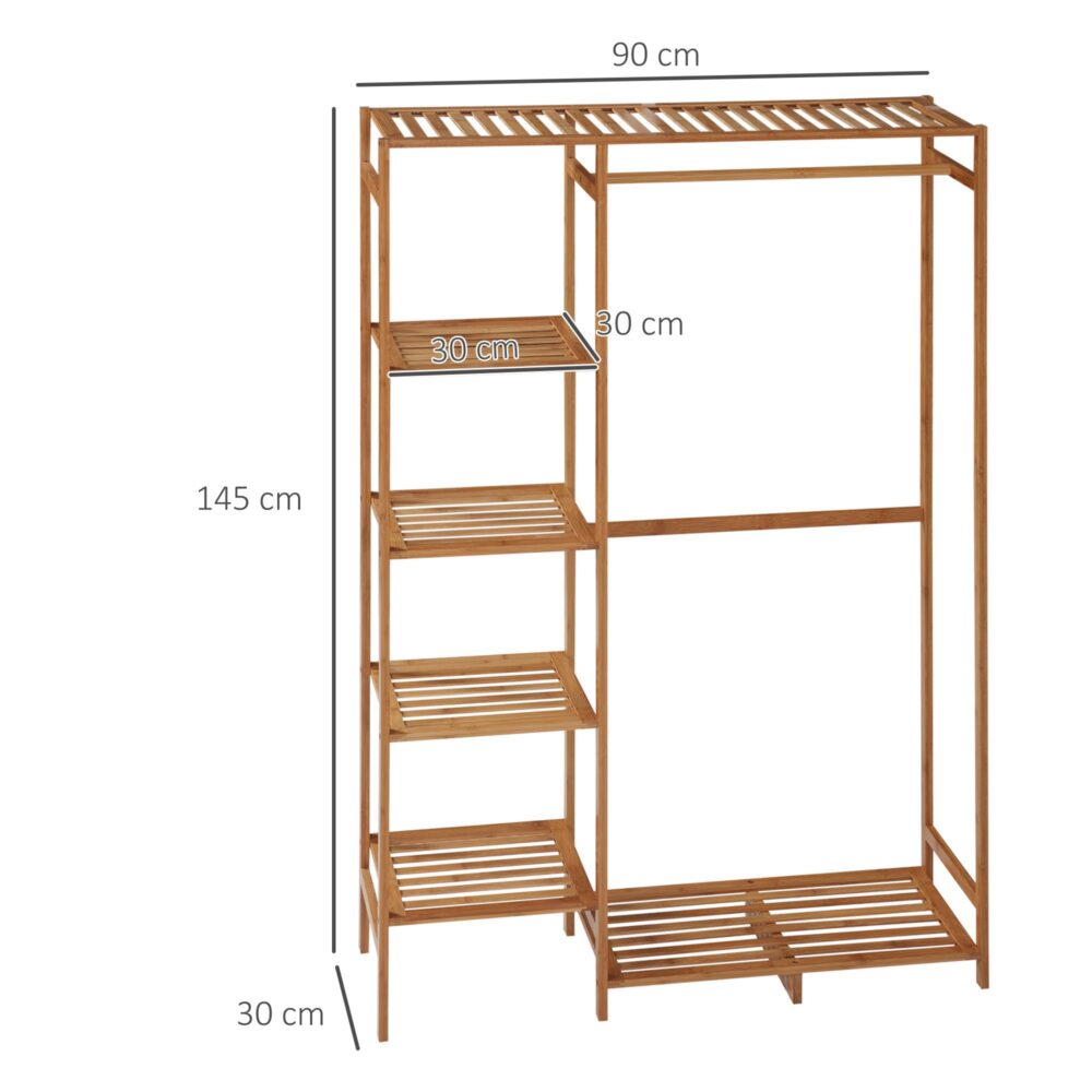 Bambu klädhängare med hängande och hopfällbar klädstång, kompakt design för små utrymmen, naturlig träfinish, säkerhetsremmar mot tippning