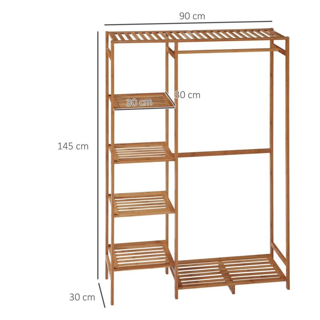 Bambu klädhängare med hängande och hopfällbar klädstång, kompakt design för små utrymmen, naturlig träfinish, säkerhetsremmar mot tippning