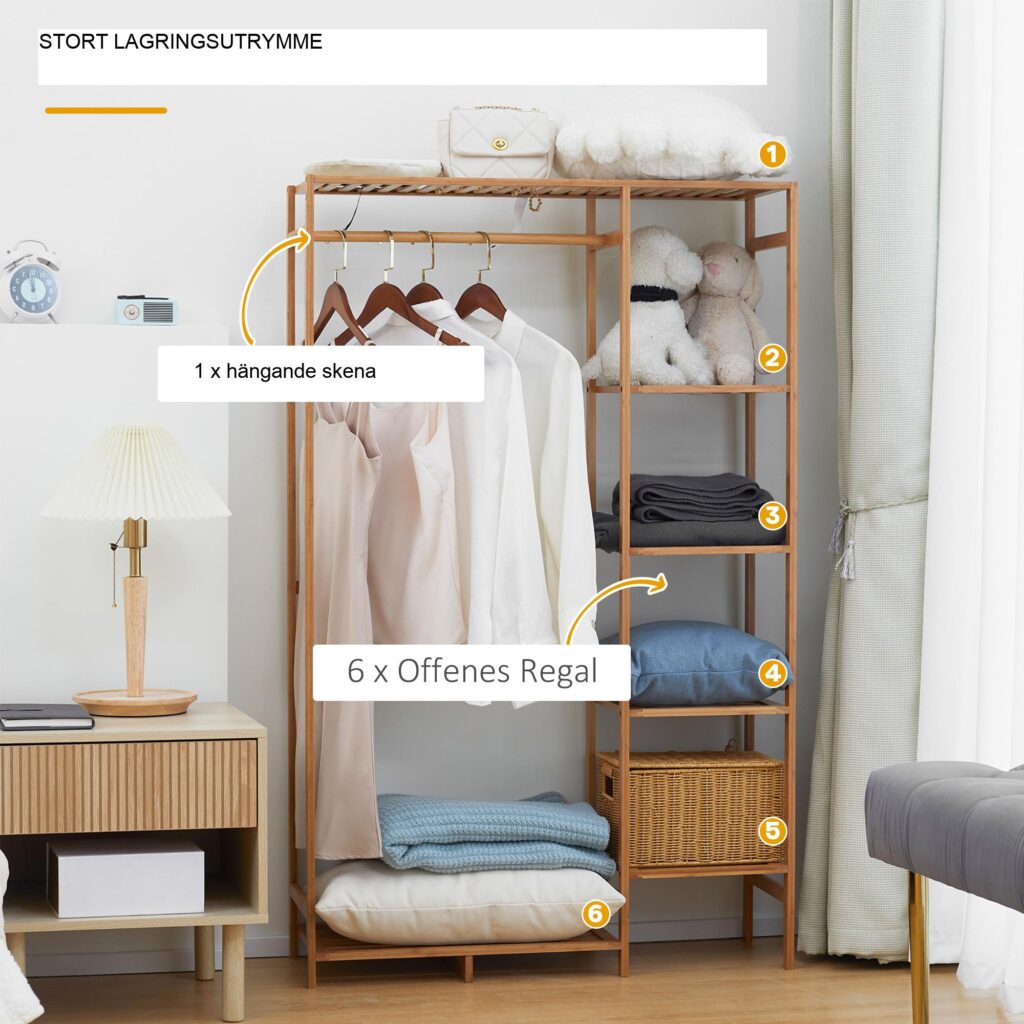 Bambu klädhängare med hängande och hopfällbar klädstång, kompakt design för små utrymmen, naturlig träfinish, säkerhetsremmar mot tippning