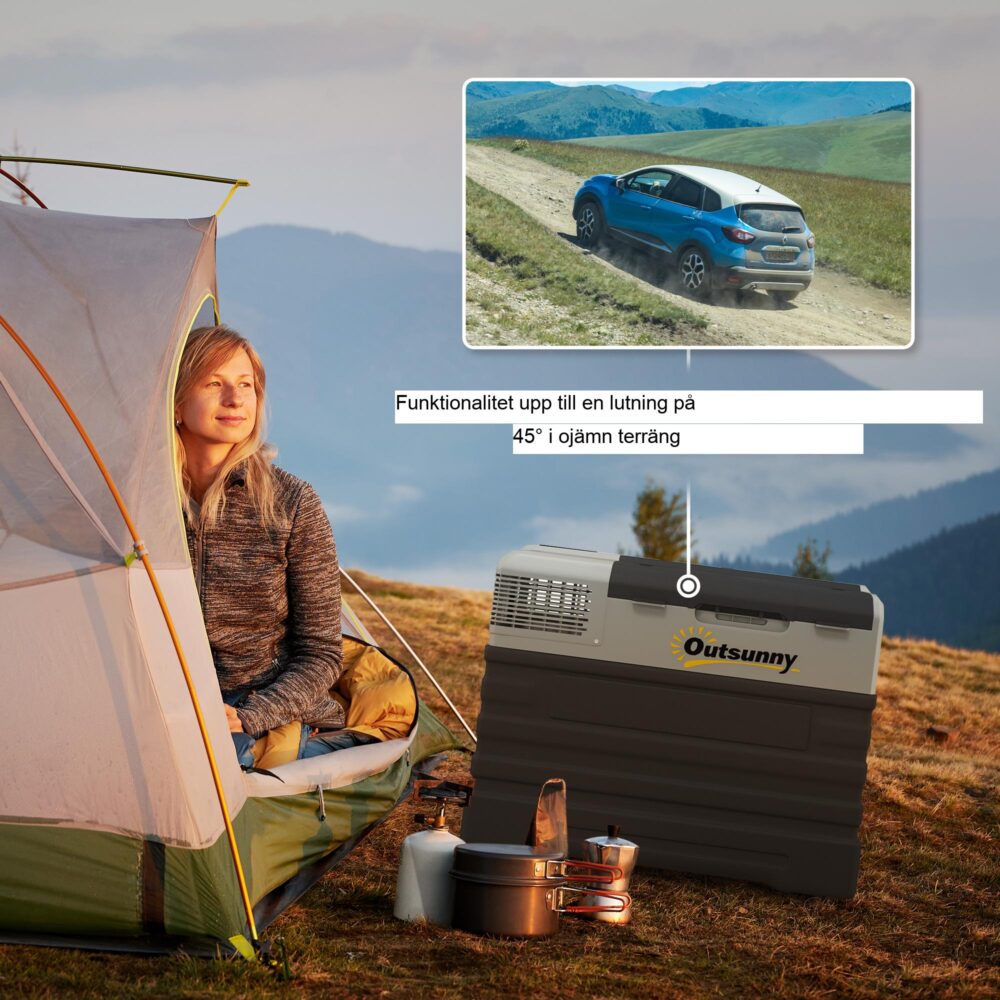 Portable Compressor Cooler 56L – mångsidig likström/växelström, Eco- och Max-lägen, 3-stegs batteriskydd, -20 °C kylning, hjul och teleskophandtag