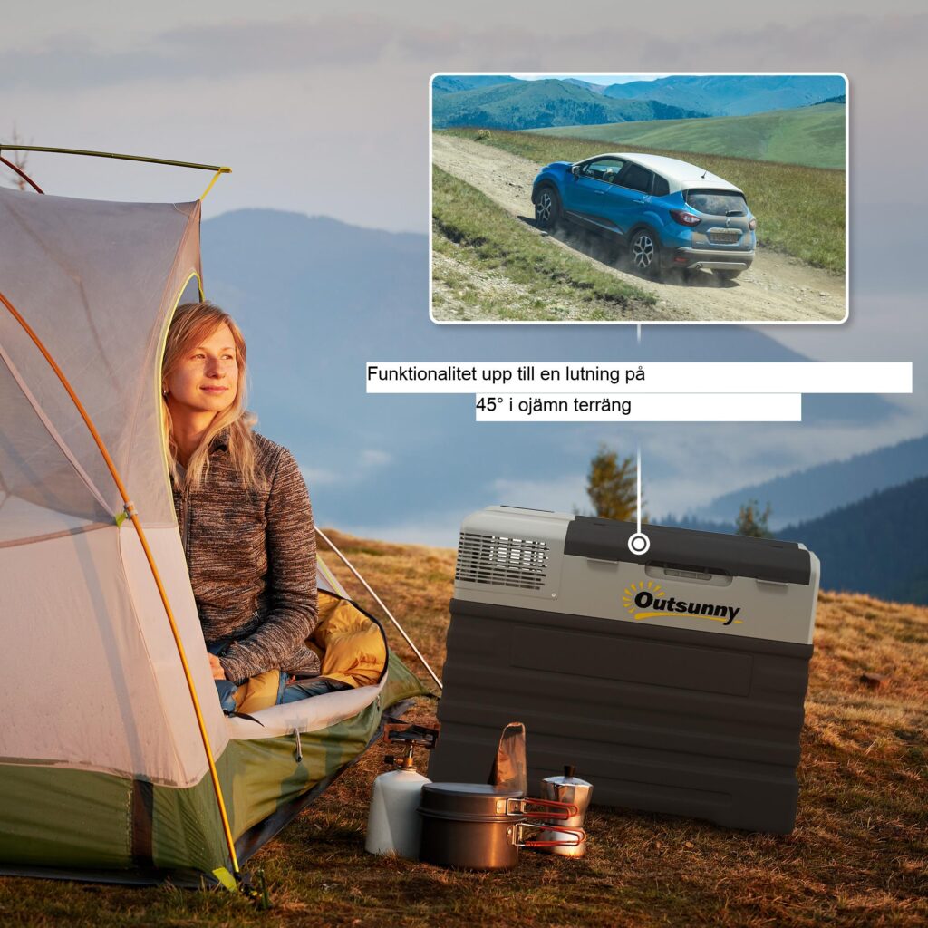 Portable Compressor Cooler 56L - mångsidig likström/växelström, Eco- och Max-lägen, 3-stegs batteriskydd, -20 °C kylning, hjul och teleskophandtag