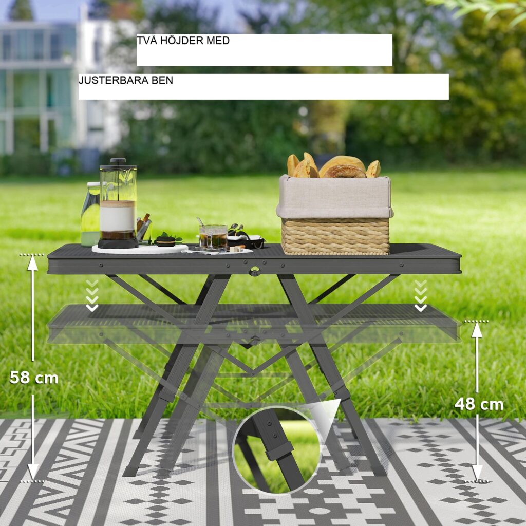 Hopfällbart campingbord med justerbar höjd med rostbeständigt metallnät | Snabb montering och lätt design