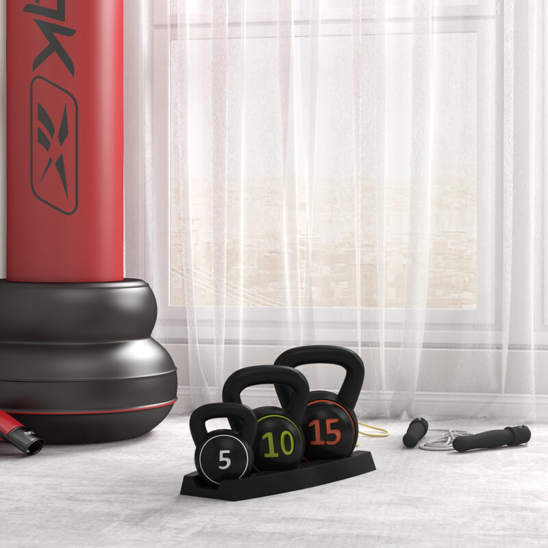 Mångsidigt 3-delat kettlebellset (2,2 kg, 4,5 kg, 6,8 kg) med platt bottenstabilitet, ergonomiskt handtag, skyddsjacka och förvaringsdyna för hållbar hemmaträning.