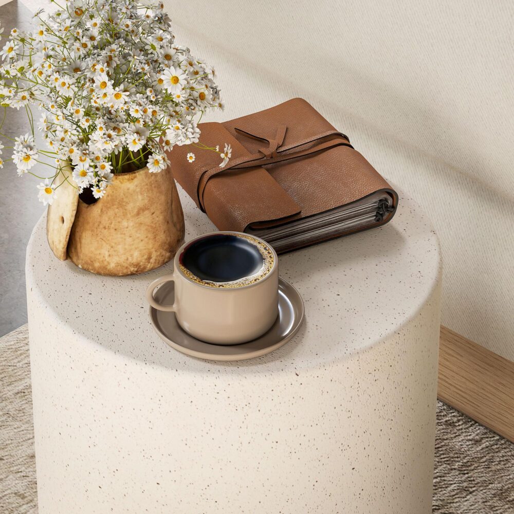Minimalistiskt sidobord i betonglook för vardagsrum eller trädgård – mångsidig inomhus/utomhusanvändning med väderbeständig design och enkelt underhåll