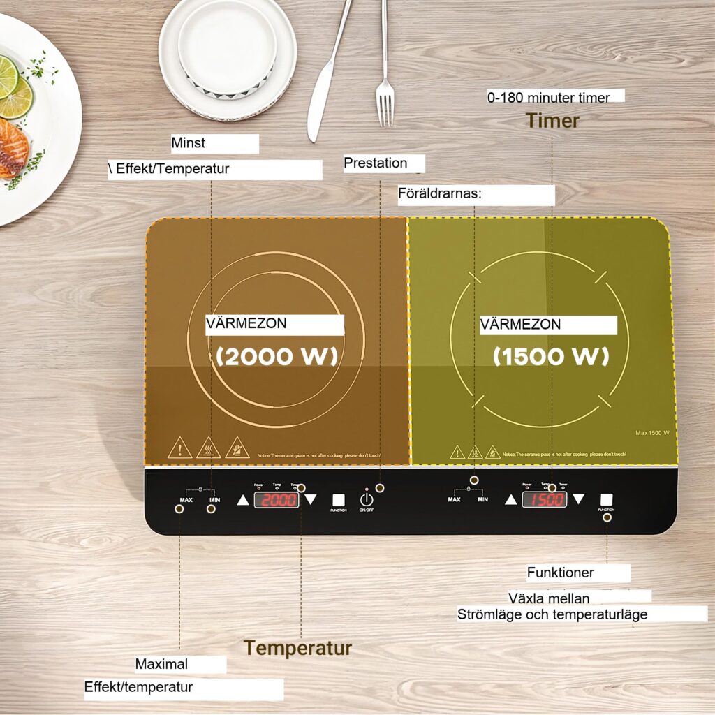 Induktionshäll med dubbla plattor med 8 effektnivåer och 10 temperaturinställningar, barnlåssäkerhet och effektiv samtidig matlagning