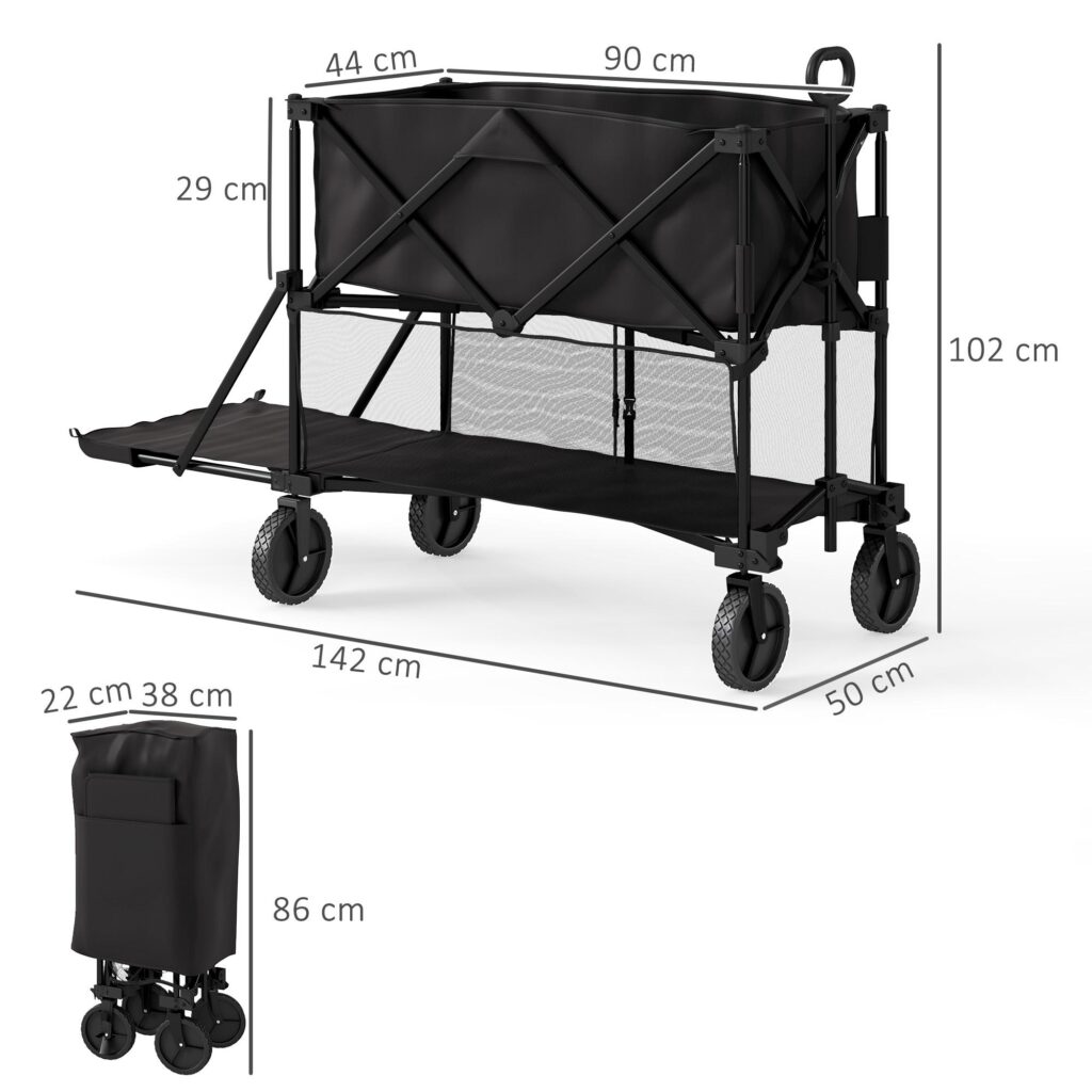 Trädgårdsvagn i dubbla nivåer för 200 kg last med avtagbar presenning, vikbar design och terränghjul