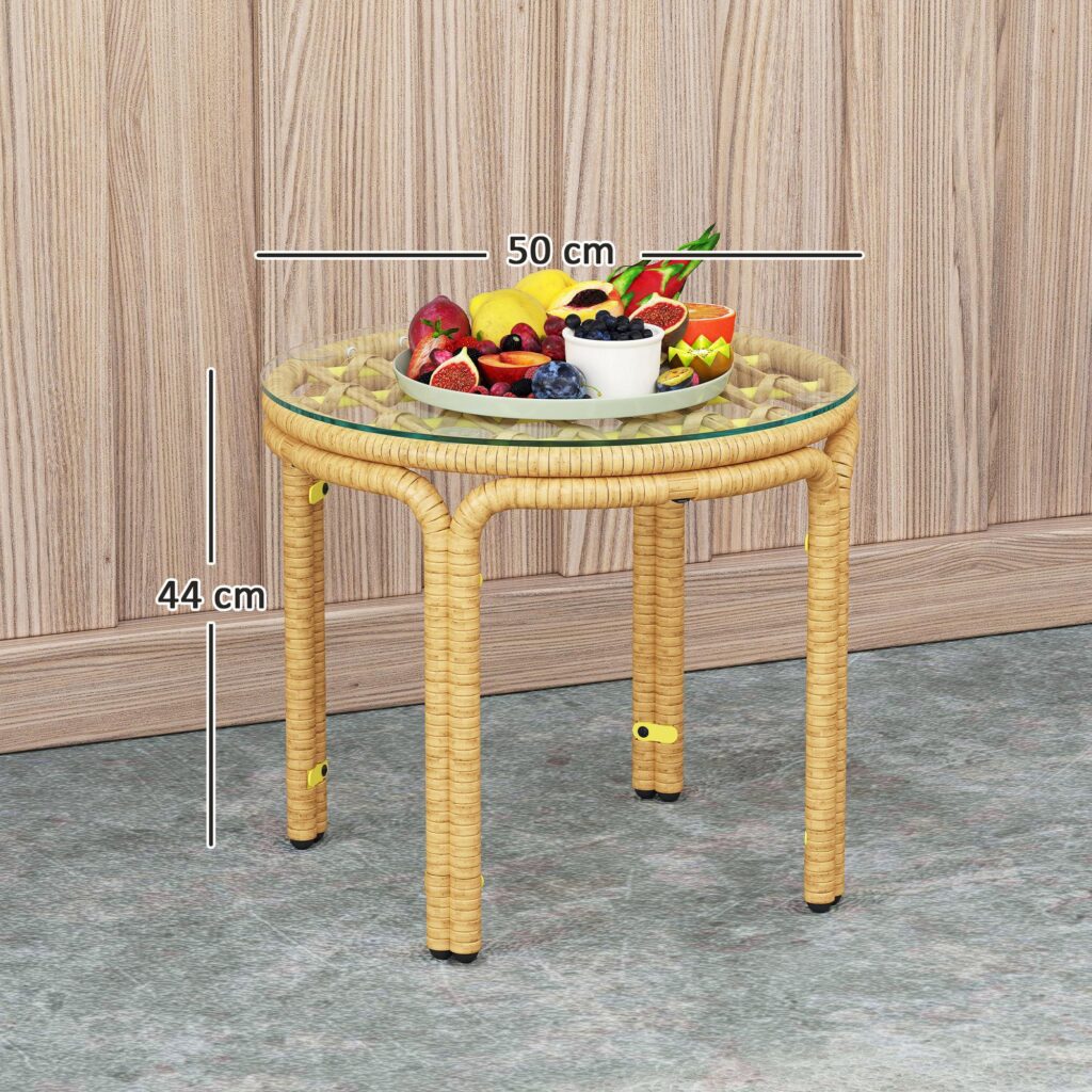 Sidobord i konstrotting med väderbeständig och UV-skyddad design, skiva i härdat glas och robust stålram för trädgård, uteplats eller balkong - gul, Ø50 cm
