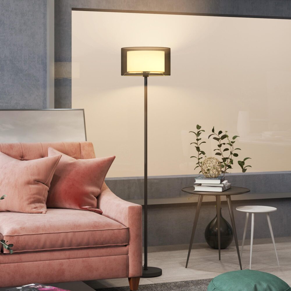 Modern tvåfärgad tyglampa golvlampa med E27-uttag, fotbrytarkontroll och enkel montering för vardagsrum och sovrum