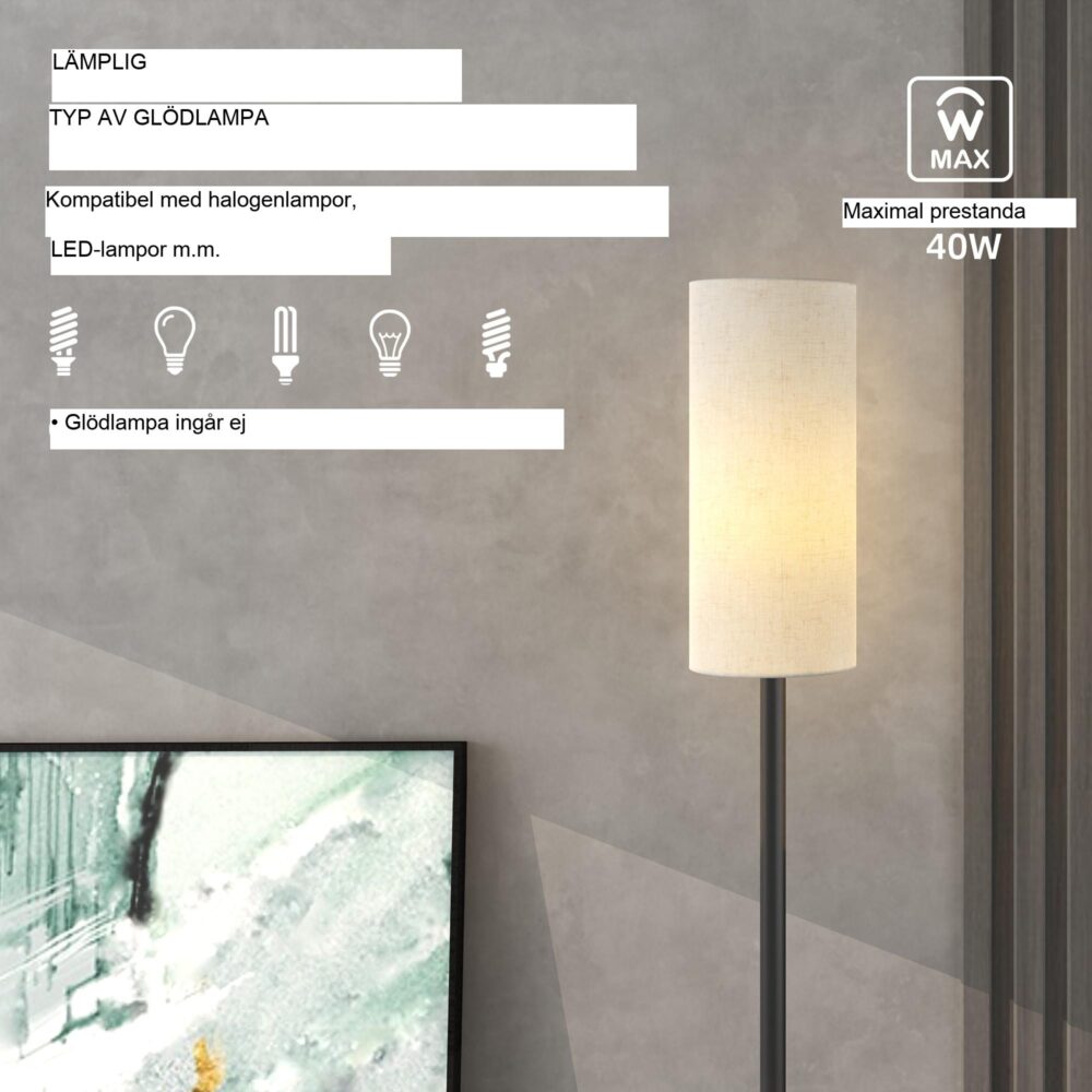 Golvlampa med tygskärm och E27-sockel, med bekväm fotpedal för enkel användning och snabb montering, kompatibel med olika glödlampor för mångsidig belysning