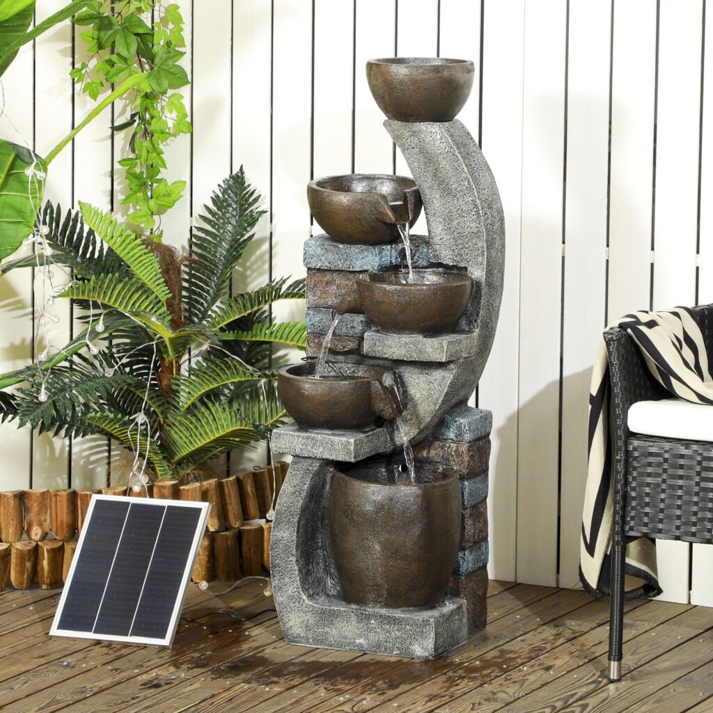 Solar Garden Fountain med 5 steg, LED-belysning, rustik design, väderbeständigt harts