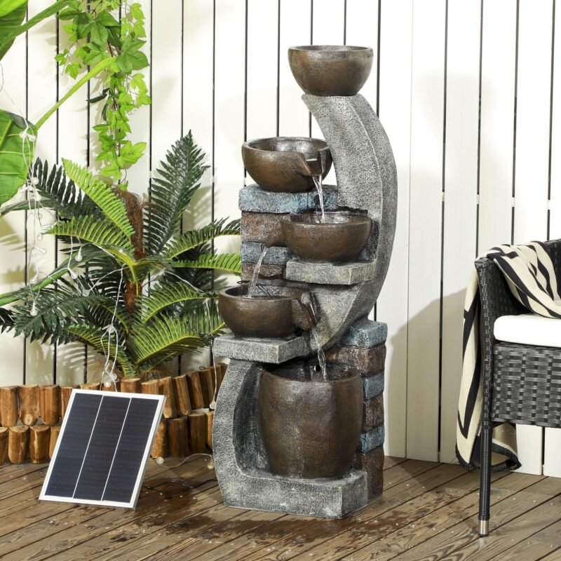 Solar Garden Fountain med 5 steg, LED-belysning, rustik design, väderbeständigt harts