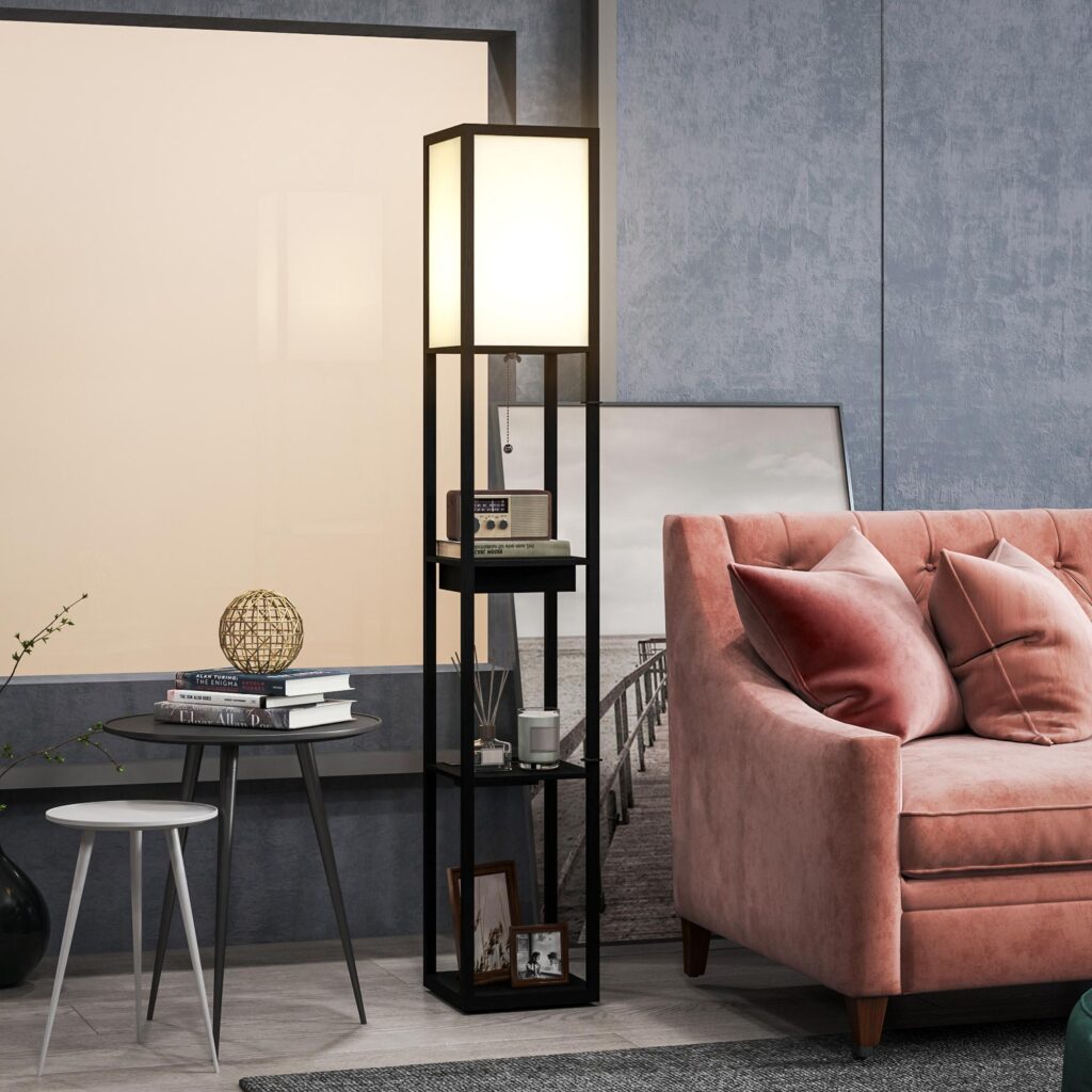 Golvlampa med inbyggda USB-A- och USB-C-laddningsportar, förvaringshylla med 3 fack, elegant modern design