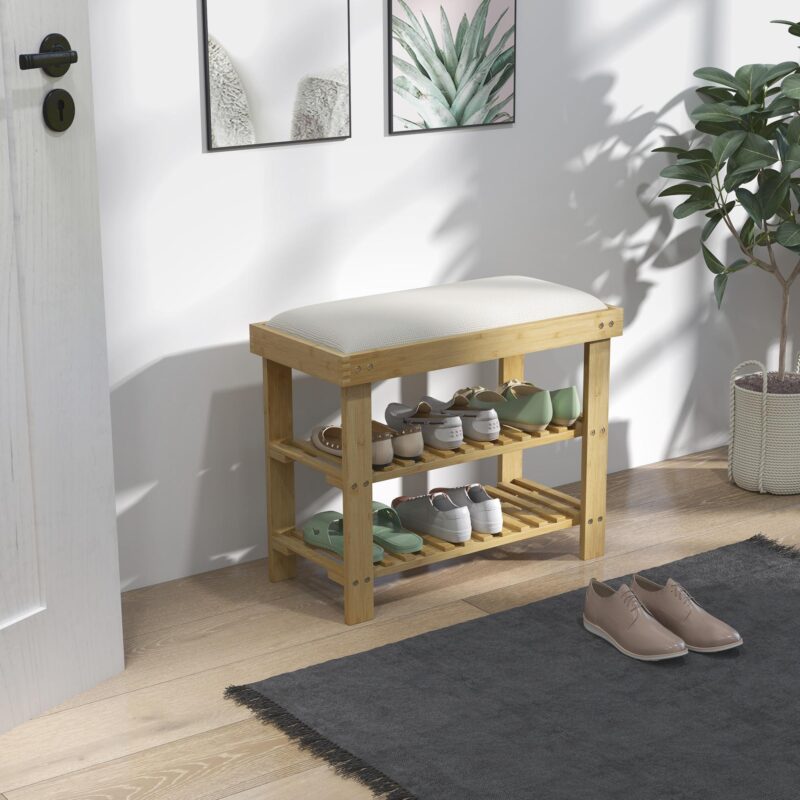 Skobänk i bambu med bekväm sittplats och förvaring – slitstarkt naturligt bambumaterial, håller upp till 150 kg