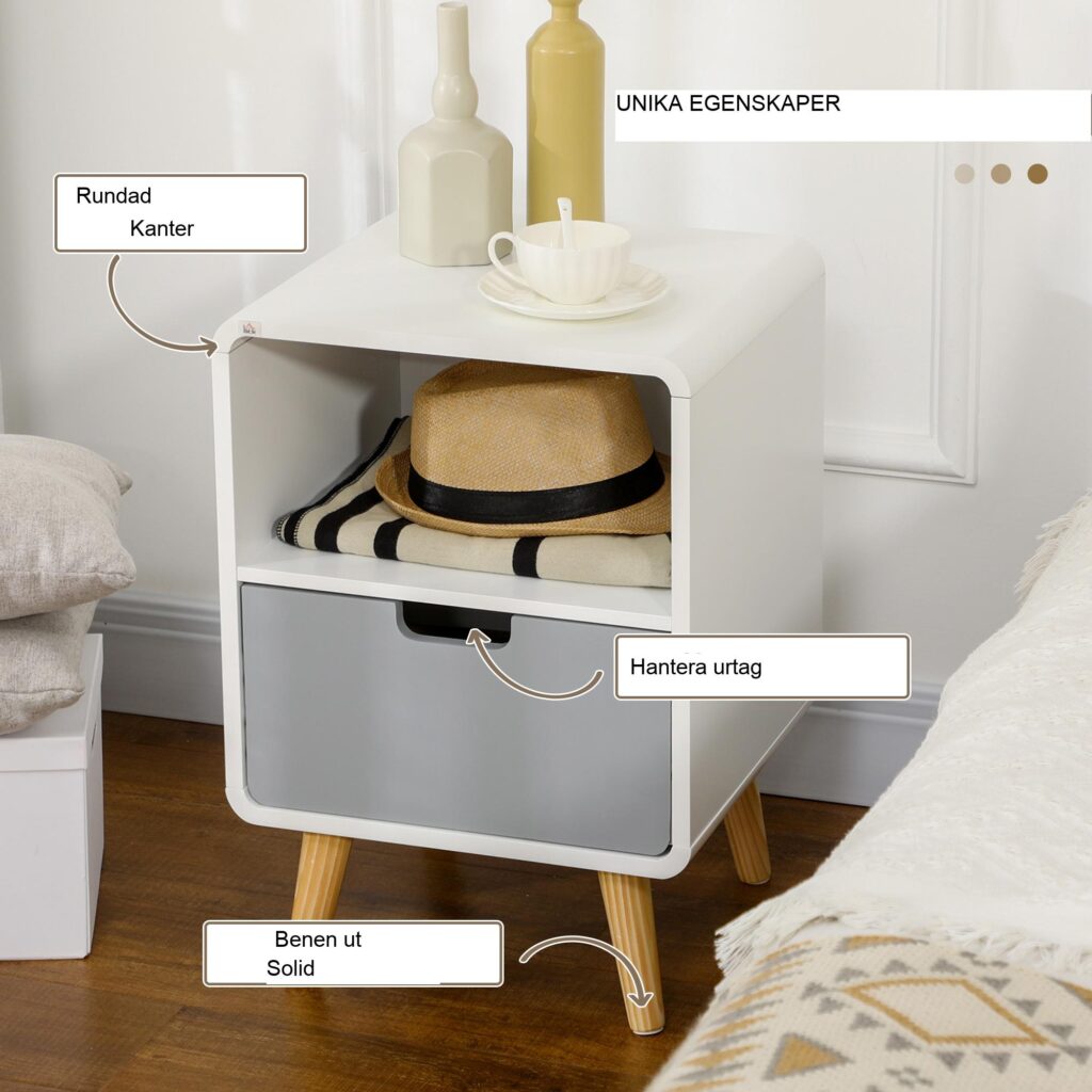 Nattduksbord i skandinavisk stil med låda och öppet fack | Hållbar konstruktion i massivt trä och MDF | Vit + Grå + Naturlig Finish | Passar sovrum och vardagsrum