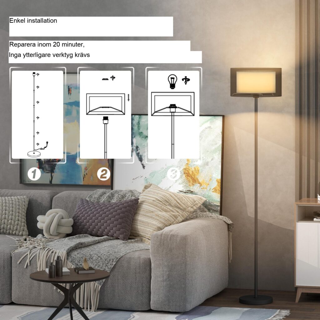 Modern tvåfärgad tyglampa golvlampa med E27-uttag, fotbrytarkontroll och enkel montering för vardagsrum och sovrum