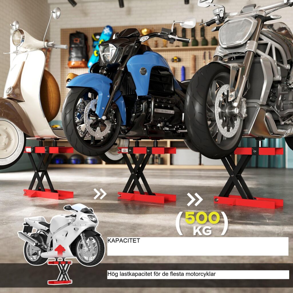 500 kg lastbar motorcykellyft med justerbar höjd från 95-400 mm, monteringsfäste och kompakt hopfällbar design