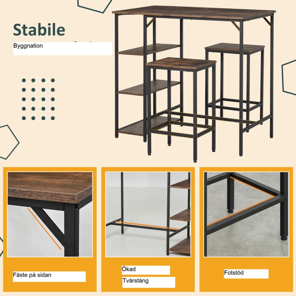Barbordsset 3 delar med platsbesparande design, hylla och fotstöd i 3 nivåer, rustikt brunt/svart, spånskiva/stål