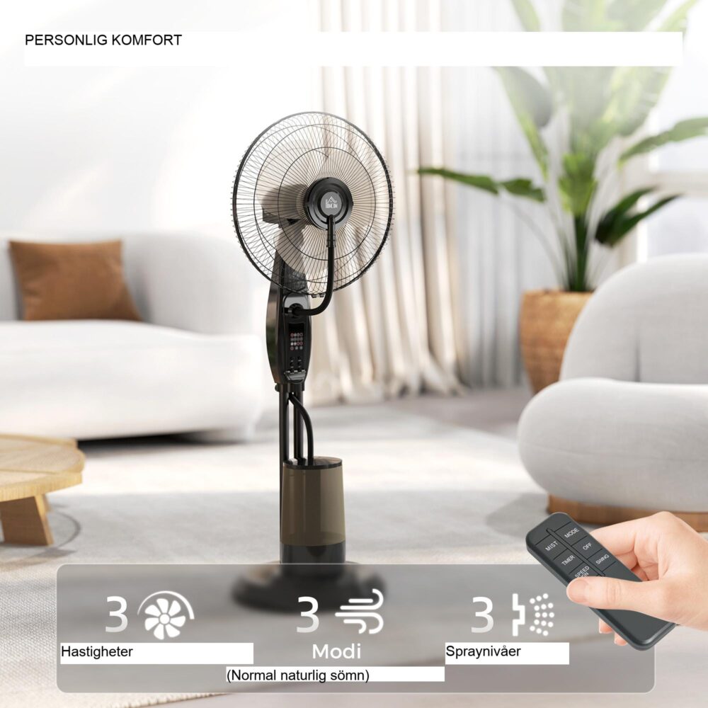 Avancerad ultraljudskylningspiedestalfläkt med dimma och oscillation, fjärrkontroll, 3,2L vattentank, timerfunktion, 70° vridbar, viloläge