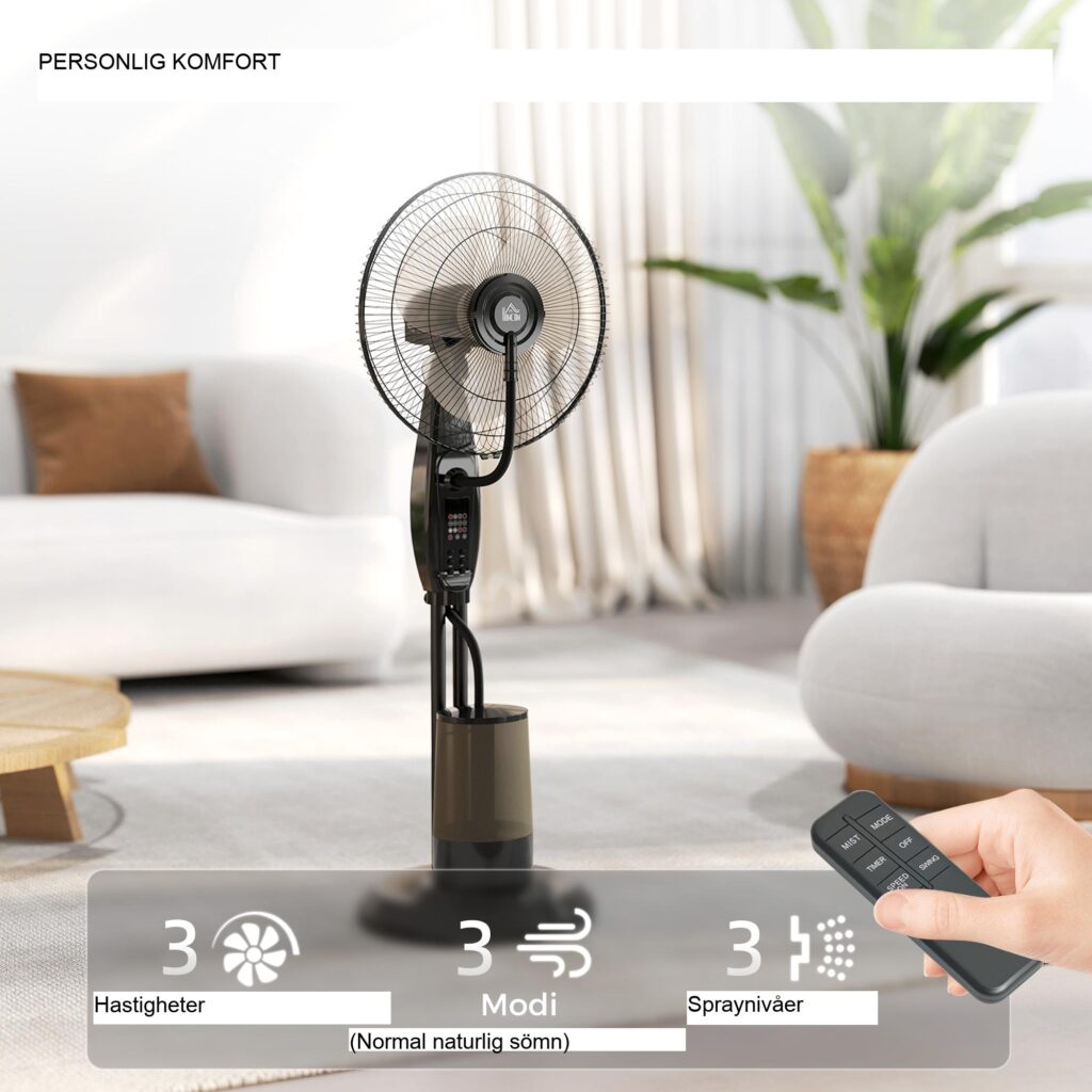 Avancerad ultraljudskylningspiedestalfläkt med dimma och oscillation, fjärrkontroll, 3,2L vattentank, timerfunktion, 70° vridbar, viloläge