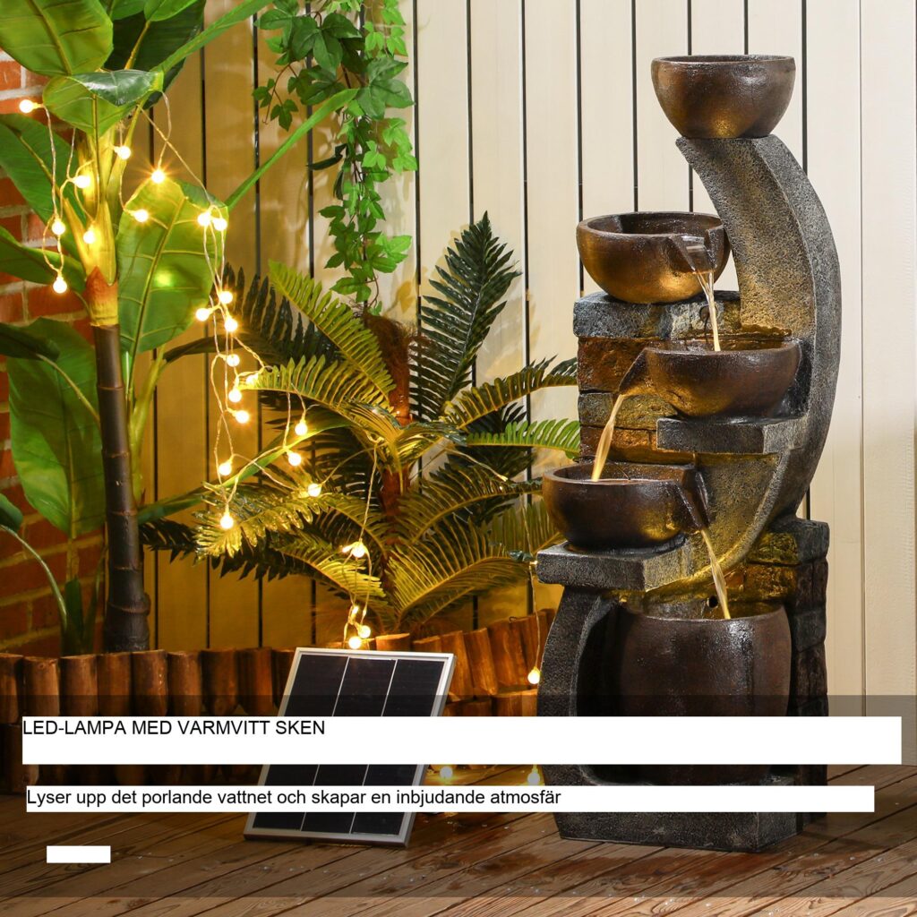 Solar Garden Fountain med 5 steg, LED-belysning, rustik design, väderbeständigt harts