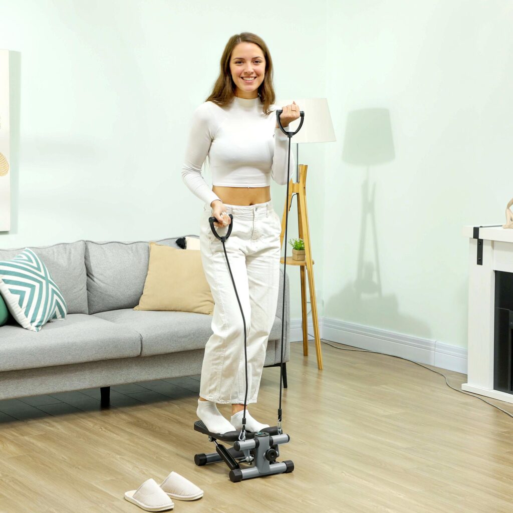 Mini-stegmaskin med motståndsband för helkroppsträning och LCD-konditionsmätning - 2-i-1-design, justerbar intensitet, säker upp till 100 kg, ingen montering krävs